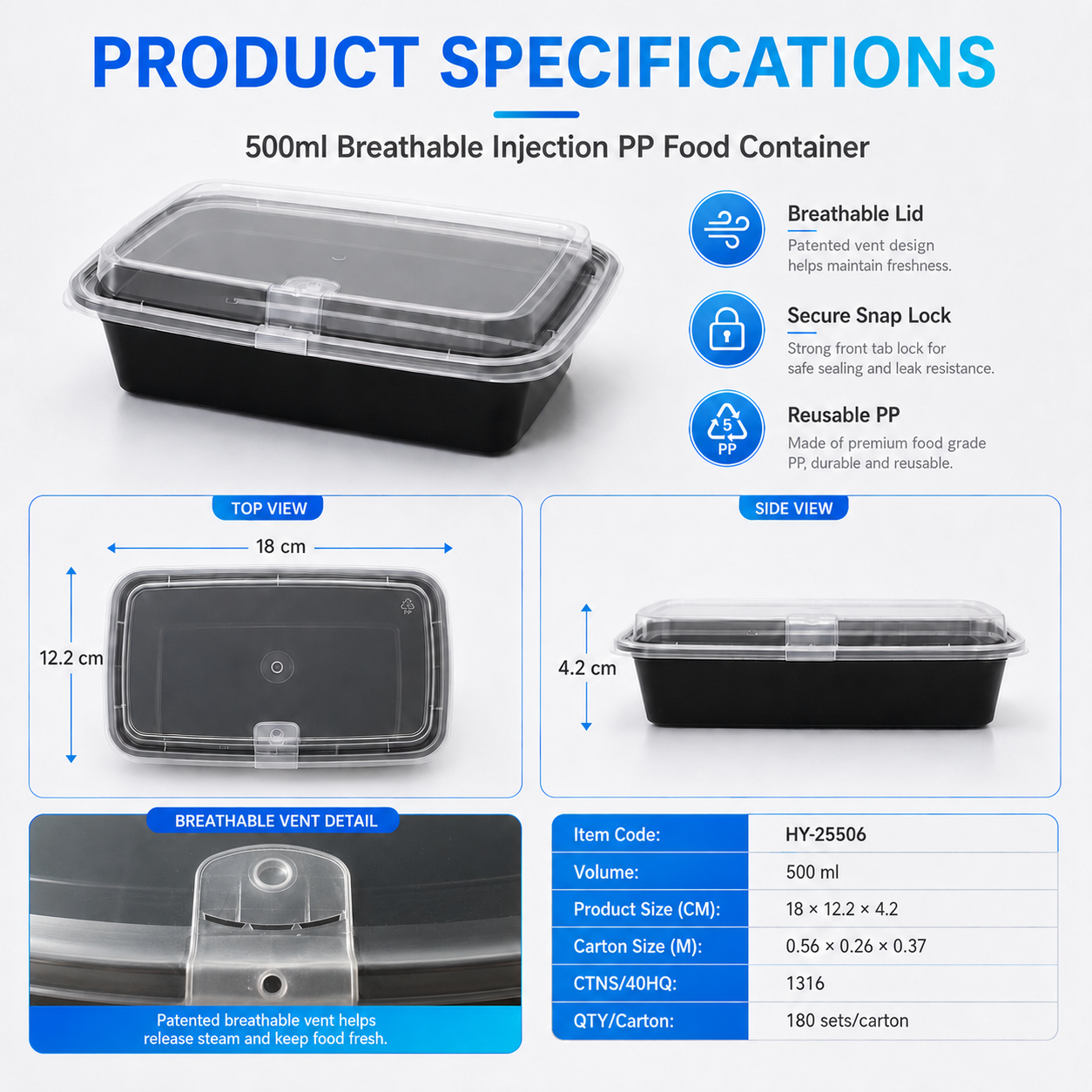 HY-25506 500ml Vented Lid Injection Molded PP Food Container for Takeaway